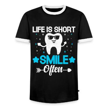 Life Is Short Smile Often Dentist Dental Dentistry - Men's Ringer Shirt - black/white - Front - AI Model Female 172 light (172cm) & AI Model Male 178 light (178cm)