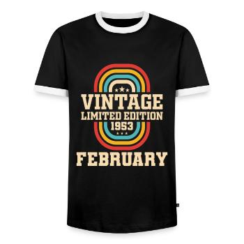 71. Geburtstag FEBRUAR Jahrgang 1953 Geschenkidee - Männer Kontrast-T-Shirt - Schwarz/Weiß - Vorne - AI Model Female 172 light (172cm) & AI Model Male 178 light (178cm)