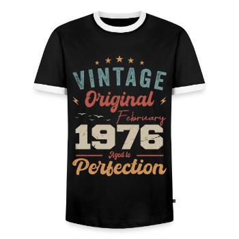 Né en février 1976 millésime 1976 anniversaire - T-shirt contrasté Homme - noir/blanc - Devant - AI Model Female 172 light (172cm) & AI Model Male 178 light (178cm)