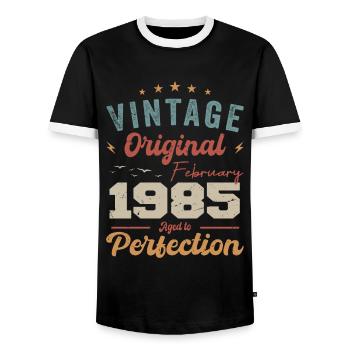 Né en février 1985 millésime 1985 anniversaire - T-shirt contrasté Homme - noir/blanc - Devant - AI Model Female 172 light (172cm) & AI Model Male 178 light (178cm)