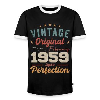 Né en février 1959 millésime 1959 anniversaire - T-shirt contrasté Homme - noir/blanc - Devant - AI Model Female 172 light (172cm) & AI Model Male 178 light (178cm)