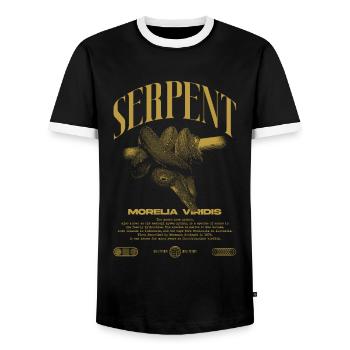 Green Tree Python Modern Reptile Keeper Streetwear - Men's Ringer Shirt - black/white - Front - AI Model Female 172 light (172cm) & AI Model Male 178 light (178cm)