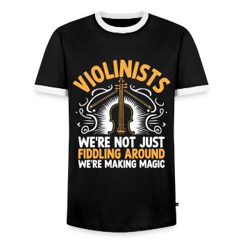 Violonistes, nous ne nous contentons pas de bricoler, nous sommes ma - T-shirt contrasté Homme - noir/blanc - Devant - AI Model Female 172 light (172cm) & AI Model Male 178 light (178cm)