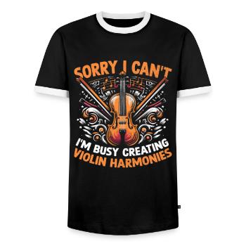 Tut mir leid, ich kann nicht, ich bin damit beschäftigt, Violinharmonien zu kreieren V - Männer Kontrast-T-Shirt - Schwarz/Weiß - Vorne - AI Model Female 172 light (172cm) & AI Model Male 178 light (178cm)