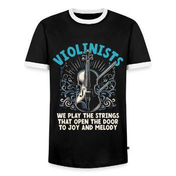 Violonistes Nous jouons Les cordes qui ouvrent la porte - T-shirt contrasté Homme - noir/blanc - Devant - AI Model Female 172 light (172cm) & AI Model Male 178 light (178cm)