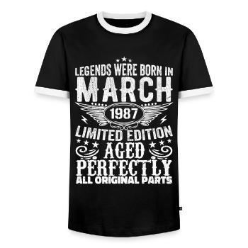 Legendary since March 1987 Birthday 1987 - Men's Ringer Shirt - black/white - Front - AI Model Female 172 light (172cm) & AI Model Male 178 light (178cm)