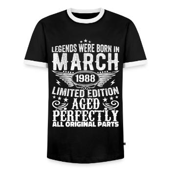 Legendary since March 1988 Birthday 1988 - Men's Ringer Shirt - black/white - Front - AI Model Female 172 light (172cm) & AI Model Male 178 light (178cm)