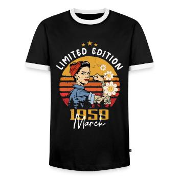 Women born in March 1959 Birthday 1959 - Men's Ringer Shirt - black/white - Front - AI Model Female 172 light (172cm) & AI Model Male 178 light (178cm)