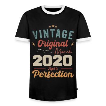 March 2020 Vintage Born Vintage Birthday - Men's Ringer Shirt - black/white - Front - AI Model Female 172 light (172cm) & AI Model Male 178 light (178cm)