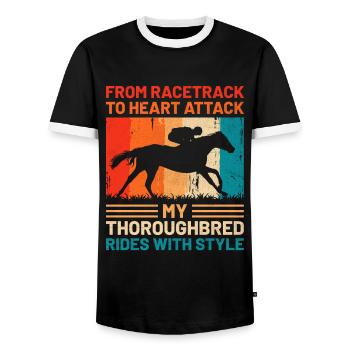 Thoroughbred Horse Racing Riding Equestian Horses - Men's Ringer Shirt - black/white - Front - AI Model Female 172 light (172cm) & AI Model Male 178 light (178cm)