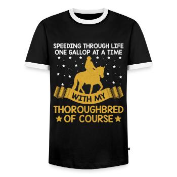 Thoroughbred Horse Racing Riding Equestian Horses - Men's Ringer Shirt - black/white - Front - AI Model Female 172 light (172cm) & AI Model Male 178 light (178cm)