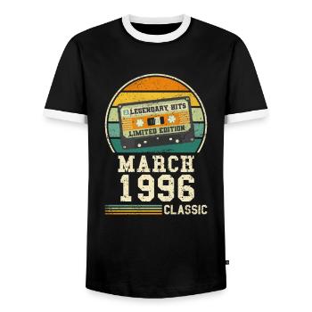 28th Birthday March Vintage 1996 Gift Idea - Men's Ringer Shirt - black/white - Front - AI Model Female 172 light (172cm) & AI Model Male 178 light (178cm)