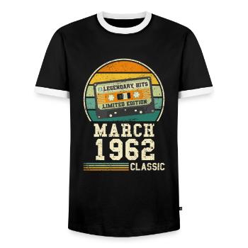 62. Geburtstag März Jahrgang 1962 Geschenkidee - Männer Kontrast-T-Shirt - Schwarz/Weiß - Vorne - AI Model Female 172 light (172cm) & AI Model Male 178 light (178cm)