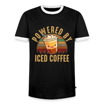 powered by iced coffee, iced coffee - Men's Ringer Shirt - black/white - Front - AI Model Female 172 light (172cm) & AI Model Male 178 light (178cm)