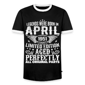 Vintage in April 1951 Birthday Gift - Men's Ringer Shirt - black/white - Front - AI Model Female 172 light (172cm) & AI Model Male 178 light (178cm)