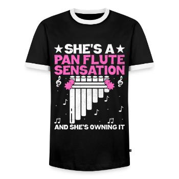 Pan Flute Player Pan Flutist Marching Band Music I - Men's Ringer Shirt - black/white - Front - AI Model Female 172 light (172cm) & AI Model Male 178 light (178cm)