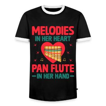 Pan Flute Player Pan Flutist Marching Band Music I - Men's Ringer Shirt - black/white - Front - AI Model Female 172 light (172cm) & AI Model Male 178 light (178cm)