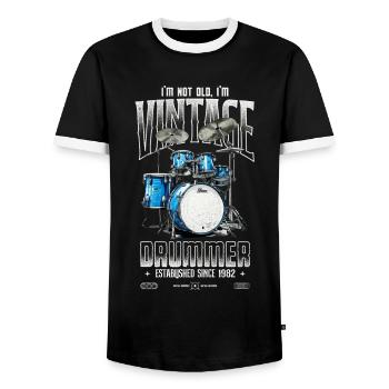 Ich bin nicht alt, ich bin ein Vintage-Schlagzeuger aus dem Jahr 1982 - Männer Kontrast-T-Shirt - Schwarz/Weiß - Vorne - AI Model Female 172 light (172cm) & AI Model Male 178 light (178cm)