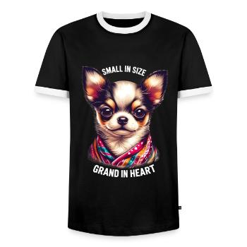Chihuahua Small In Size Grand In Heart - Men's Ringer Shirt - black/white - Front - AI Model Female 172 light (172cm) & AI Model Male 178 light (178cm)