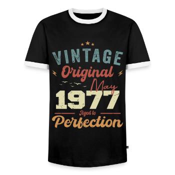 May 1977 Birthday May 1977 Gift May 1977 - Men's Ringer Shirt - black/white - Front - AI Model Female 172 light (172cm) & AI Model Male 178 light (178cm)