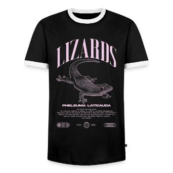 Phelsuma laticauda Day Gecko Lizard Keeper - Men's Ringer Shirt - black/white - Front - AI Model Female 172 light (172cm) & AI Model Male 178 light (178cm)