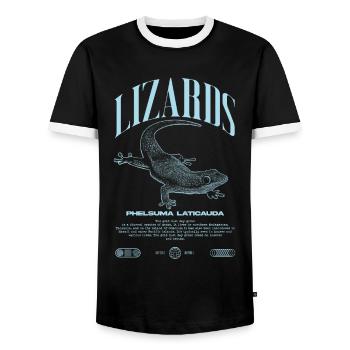 Phelsuma laticauda Day Gecko Lizard Keeper - Men's Ringer Shirt - black/white - Front - AI Model Female 172 light (172cm) & AI Model Male 178 light (178cm)