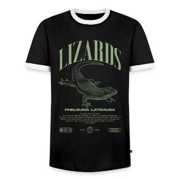 Phelsuma laticauda Day Gecko Lizard Keeper - Men's Ringer Shirt - black/white - Front - AI Model Female 172 light (172cm) & AI Model Male 178 light (178cm)