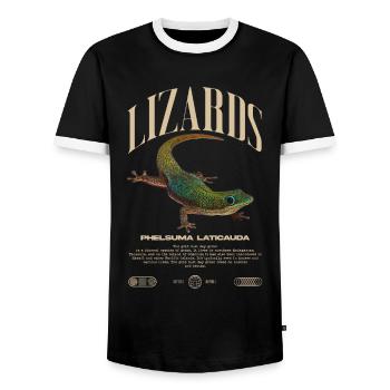 Phelsuma laticauda Day Gecko Lizard Keeper - Men's Ringer Shirt - black/white - Front - AI Model Female 172 light (172cm) & AI Model Male 178 light (178cm)