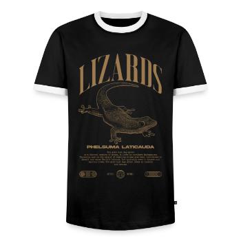 Phelsuma laticauda Day Gecko Lizard Keeper - Men's Ringer Shirt - black/white - Front - AI Model Female 172 light (172cm) & AI Model Male 178 light (178cm)