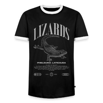 Phelsuma laticauda Day Gecko Lizard Keeper - Men's Ringer Shirt - black/white - Front - AI Model Female 172 light (172cm) & AI Model Male 178 light (178cm)
