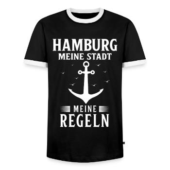 Hambourg Ville hanséatique Allemagne du Nord Bas-allemand - T-shirt contrasté Homme - noir/blanc - Devant - AI Model Female 172 light (172cm) & AI Model Male 178 light (178cm)