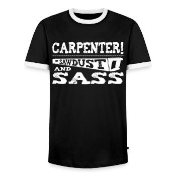 charpentier, charpentier, menuisier, charpentier, - T-shirt contrasté Homme - noir/blanc - Devant - AI Model Female 172 light (172cm) & AI Model Male 178 light (178cm)