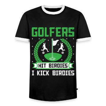 Footgolf Player Foot Golf Playing Footgolfers Foot - Men's Ringer Shirt - black/white - Front - AI Model Female 172 light (172cm) & AI Model Male 178 light (178cm)