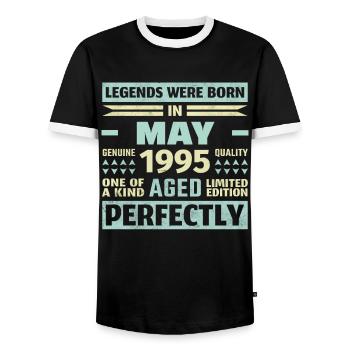 29. Geburtstag Mai Jahrgang 1995 Geschenkidee - Männer Kontrast-T-Shirt - Schwarz/Weiß - Vorne - AI Model Female 172 light (172cm) & AI Model Male 178 light (178cm)