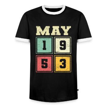 71. Geburtstag Mai Jahrgang 1953 Geschenkidee - Männer Kontrast-T-Shirt - Schwarz/Weiß - Vorne - AI Model Female 172 light (172cm) & AI Model Male 178 light (178cm)