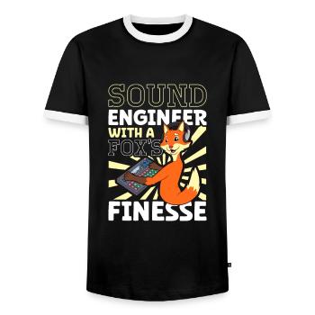 Fuchs at the mixing desk - Sound Engineer - Men's Ringer Shirt - black/white - Front - AI Model Female 172 light (172cm) & AI Model Male 178 light (178cm)