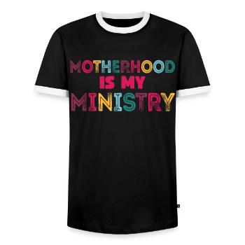 Mom Life Mom Motherhood Is My Ministry - Men's Ringer Shirt - black/white - Front - AI Model Female 172 light (172cm) & AI Model Male 178 light (178cm)