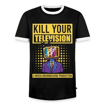 Brainwashing Kill your TV Fake News Portest - Men's Ringer Shirt - black/white - Front - AI Model Female 172 light (172cm) & AI Model Male 178 light (178cm)