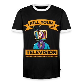 Brainwashing Kill your TV Fake News Portest - Men's Ringer Shirt - black/white - Front - AI Model Female 172 light (172cm) & AI Model Male 178 light (178cm)