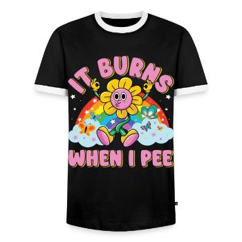 Lustiger Spruch "It Burns when i Pee"! Sarkastisch - Männer Kontrast-T-Shirt - Schwarz/Weiß - Vorne - AI Model Female 172 light (172cm) & AI Model Male 178 light (178cm)