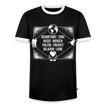 against racism, against the right, against Nazis, love - Men's Ringer Shirt - black/white - Front - AI Model Female 172 light (172cm) & AI Model Male 178 light (178cm)