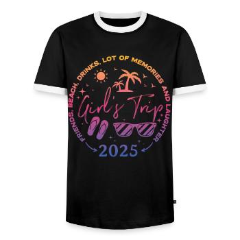 Friends Beach Laughing Girls Trip 2025 - Men's Ringer Shirt - black/white - Front - AI Model Female 172 light (172cm) & AI Model Male 178 light (178cm)