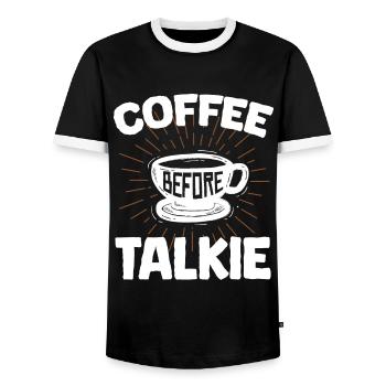 Coffee Talkie Funny Breakfast Meme, Ouote, Coffee - Men's Ringer Shirt - black/white - Front - AI Model Female 172 light (172cm) & AI Model Male 178 light (178cm)