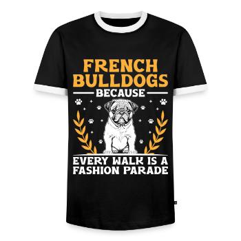 Bouledogues Français Parce que chaque promenade est une mode - T-shirt contrasté Homme - noir/blanc - Devant - AI Model Female 172 light (172cm) & AI Model Male 178 light (178cm)