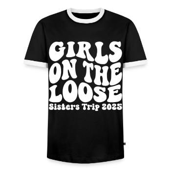 Girls On The Loose Sisters' Trip 2025 - Men's Ringer Shirt - black/white - Front - AI Model Female 172 light (172cm) & AI Model Male 178 light (178cm)
