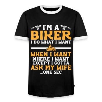 Ich bin ein Biker, ich mache, was ich will, wann ich will, wo ich bin - Männer Kontrast-T-Shirt - Schwarz/Weiß - Vorne - AI Model Female 172 light (172cm) & AI Model Male 178 light (178cm)