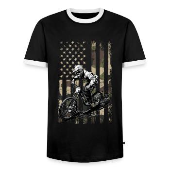 MTB biker American flag, Mountain Bike - Männer Kontrast-T-Shirt - Schwarz/Weiß - Vorne - AI Model Female 172 light (172cm) & AI Model Male 178 light (178cm)