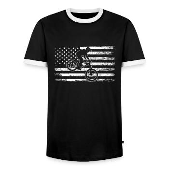 MTB biker American flag, Mountain Bike - Männer Kontrast-T-Shirt - Schwarz/Weiß - Vorne - AI Model Female 172 light (172cm) & AI Model Male 178 light (178cm)