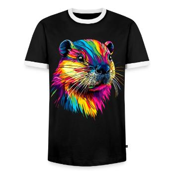 Beaver Colorful Rainbow Popart Rodents Cute Beaver - Men's Ringer Shirt - black/white - Front - AI Model Female 172 light (172cm) & AI Model Male 178 light (178cm)