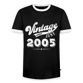 Vintage since June 2005 Birthday Gift - Men's Ringer Shirt - black/white - Front - AI Model Female 172 light (172cm) & AI Model Male 178 light (178cm)